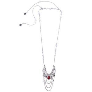 Ruby Red Crystal Long Convertible Vintage Silver Statement Necklace